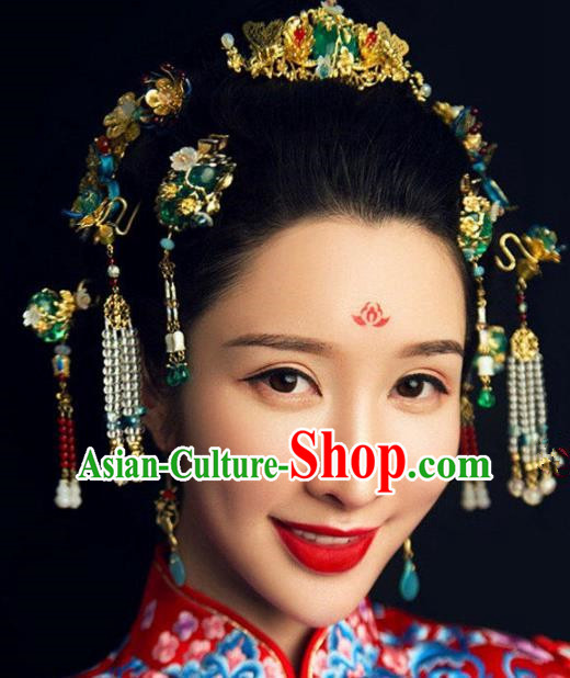 Handmade Chinese Ancient Bride Green Glass Hair Combs Traditional Hair Accessories Headdress for Women