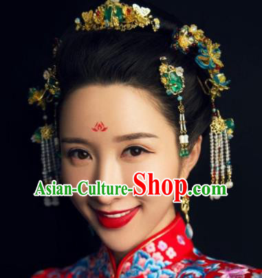 Handmade Chinese Ancient Bride Green Glass Hair Combs Traditional Hair Accessories Headdress for Women