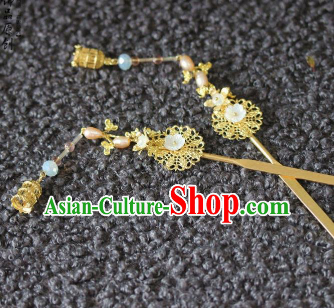 Handmade Chinese Ancient Pearls Golden Hairpins Traditional Hair Accessories Headdress for Women