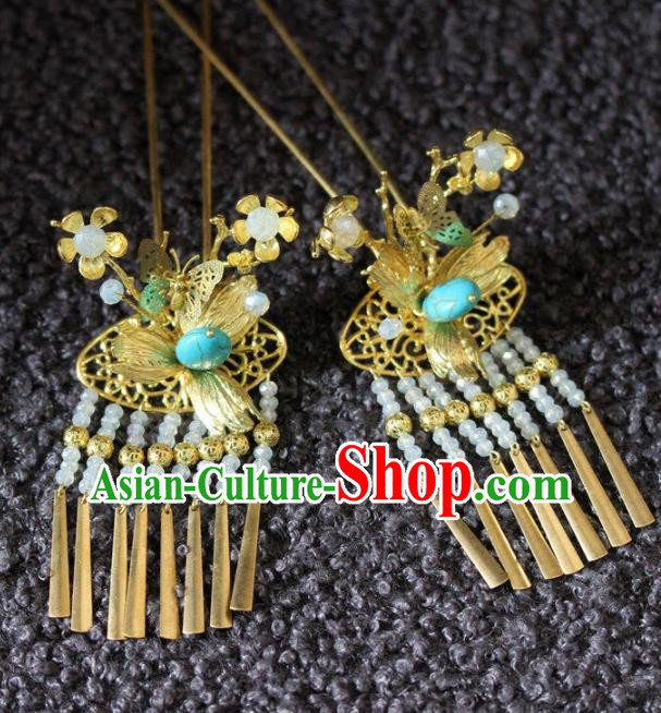 Handmade Chinese Ancient Golden Butterfly Tassel Hairpins Traditional Hair Accessories Headdress for Women