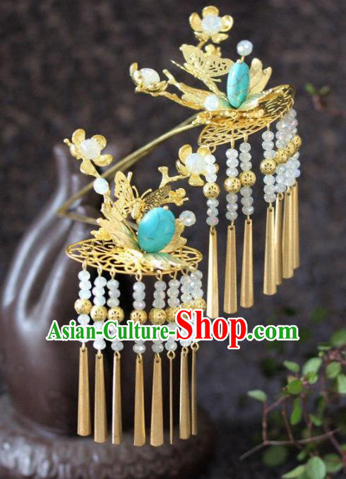 Handmade Chinese Ancient Golden Butterfly Tassel Hairpins Traditional Hair Accessories Headdress for Women