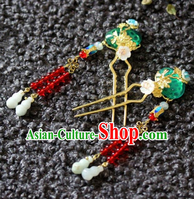 Handmade Chinese Ancient Green Grass Tassel Hairpins Traditional Hair Accessories Headdress for Women