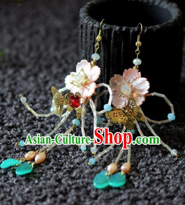 Chinese Handmade Hanfu Pink Shell Flower Earrings Traditional Ancient Palace Ear Accessories for Women