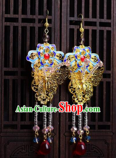 Chinese Handmade Hanfu Blueing Lotus Earrings Traditional Ancient Palace Ear Accessories for Women