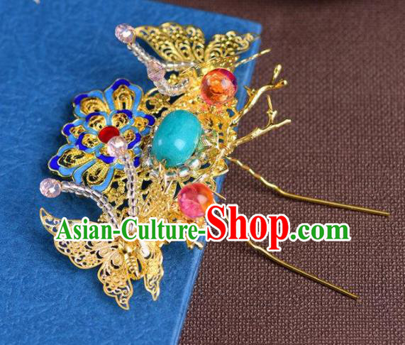 Handmade Chinese Ancient Princess Blueing Lotus Butterfly Hair Clips Hairpins Traditional Hair Accessories Headdress for Women