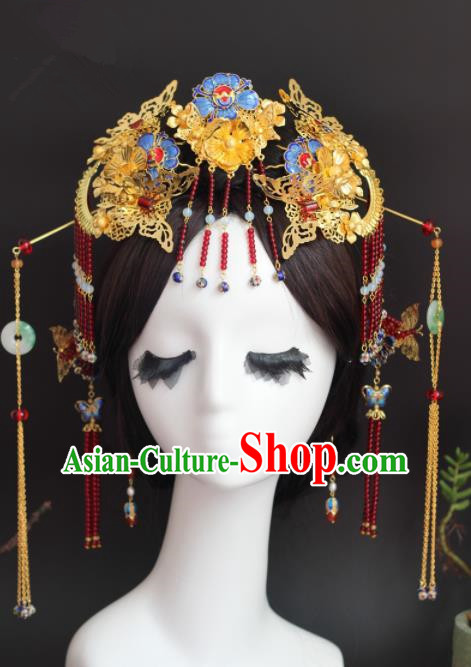 Handmade Chinese Ancient Princess Hairpins Blueing Phoenix Coronet Traditional Hair Accessories Headdress for Women