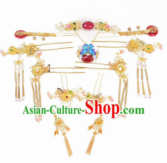 Handmade Chinese Ancient Princess Hairpins Agate Phoenix Coronet Traditional Hair Accessories Headdress for Women