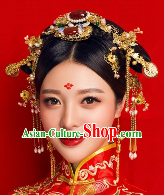 Handmade Chinese Ancient Princess Hairpins Agate Phoenix Coronet Traditional Hair Accessories Headdress for Women