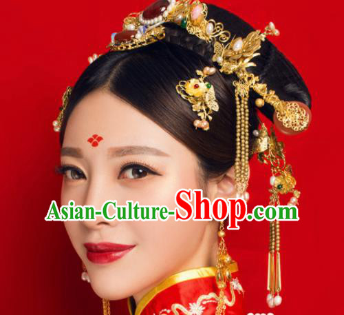 Handmade Chinese Ancient Princess Hairpins Agate Phoenix Coronet Traditional Hair Accessories Headdress for Women