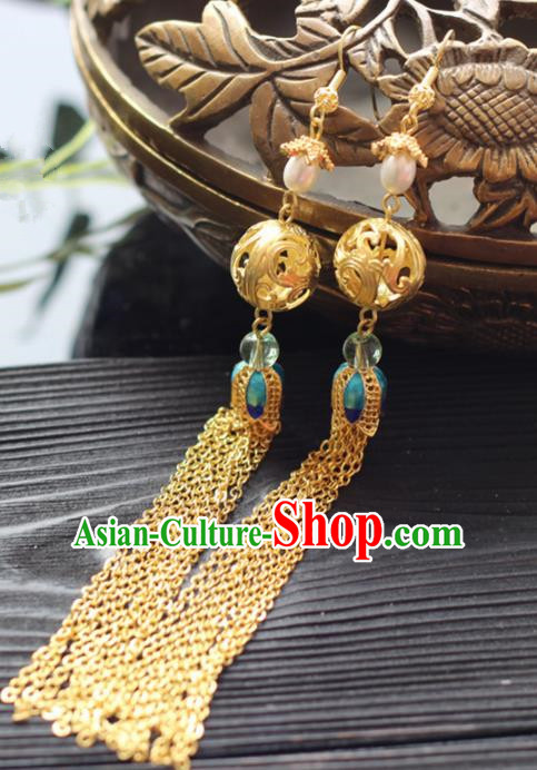 Chinese Handmade Hanfu Golden Tassel Earrings Traditional Ancient Palace Ear Accessories for Women