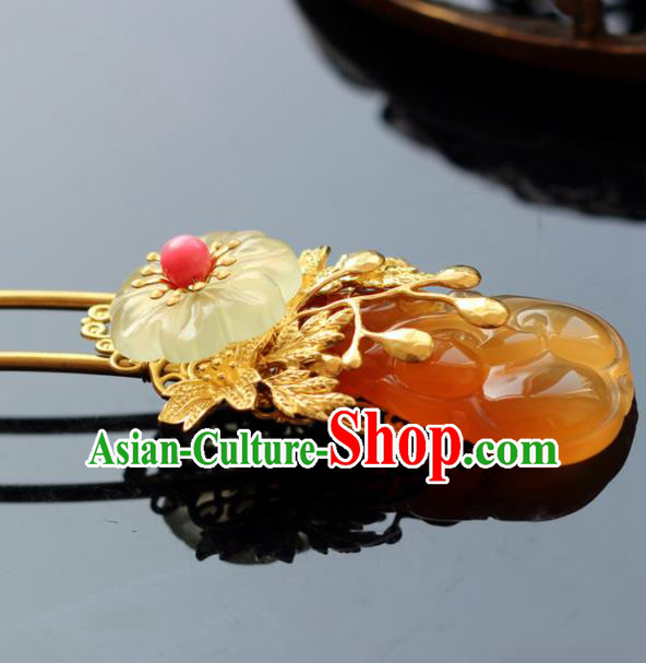 Handmade Chinese Ancient Princess Yellow Chalcedony Hairpins Traditional Hair Accessories Headdress for Women