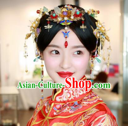 Handmade Chinese Ancient Bride Blueing Hair Crown Tassel Hairpins Traditional Hair Accessories Headdress for Women