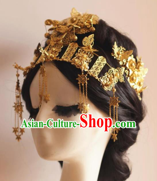 Handmade Chinese Ancient Bride Golden Phoenix Coronet Hairpins Traditional Hair Accessories Headdress for Women