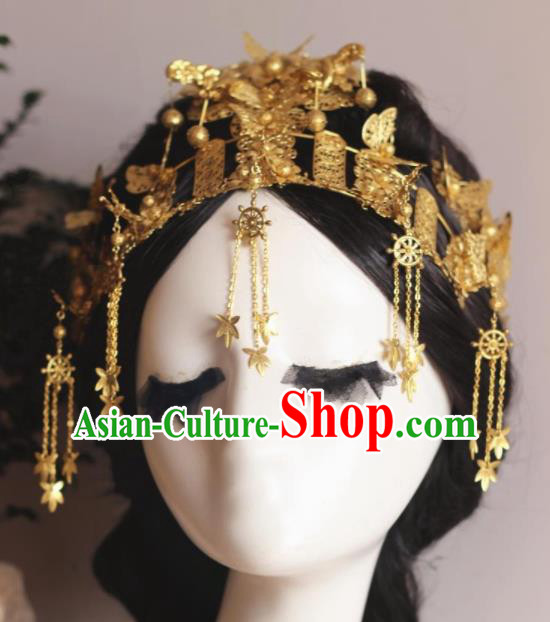 Handmade Chinese Ancient Bride Golden Phoenix Coronet Hairpins Traditional Hair Accessories Headdress for Women