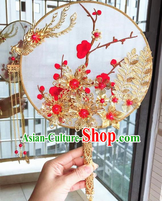 Chinese Handmade Bride Embroidered Palace Fans Wedding Accessories Classical Phoenix Round Fan for Women