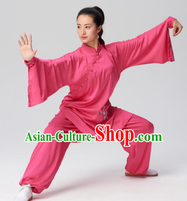 Chinese Traditional Kung Fu Tai Chi Group Embroidered Rosy Costume Martial Arts Competition Clothing for Women