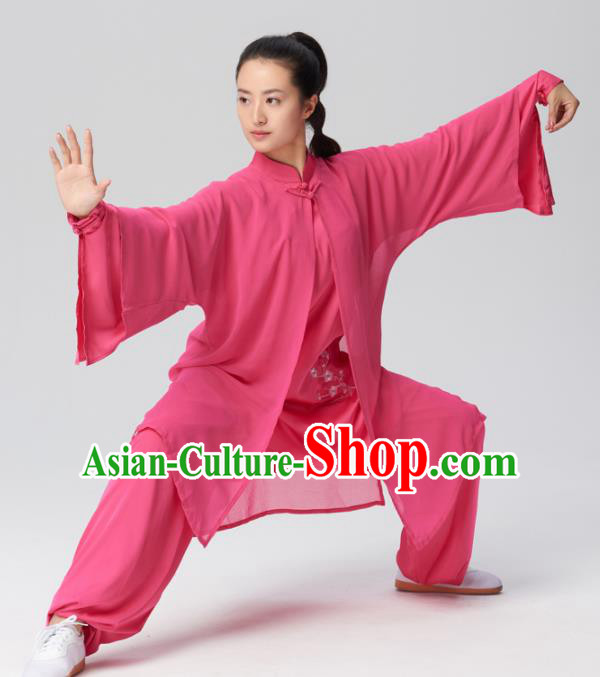 Chinese Traditional Kung Fu Tai Chi Group Embroidered Rosy Silk Costume Martial Arts Competition Clothing for Women