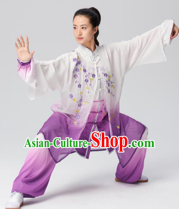 Chinese Traditional Tai Chi Group Embroidered Plum Blossom Purple Costume Martial Arts Kung Fu Competition Clothing for Women