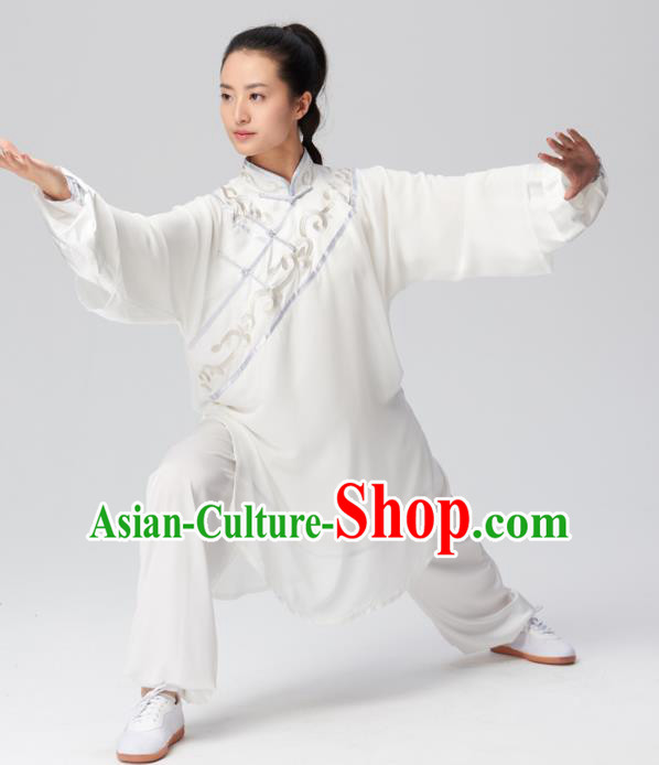 Chinese Traditional Tai Chi Group Embroidered White Costume Martial Arts Kung Fu Competition Clothing for Women