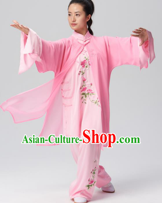 Chinese Traditional Tai Chi Group Embroidered Pink Silk Costume Martial Arts Kung Fu Competition Clothing for Women