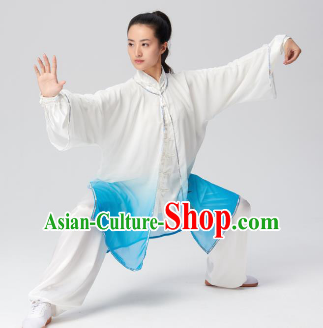 Chinese Traditional Tai Chi Group Embroidered Blue Silk Costume Martial Arts Kung Fu Competition Clothing for Women