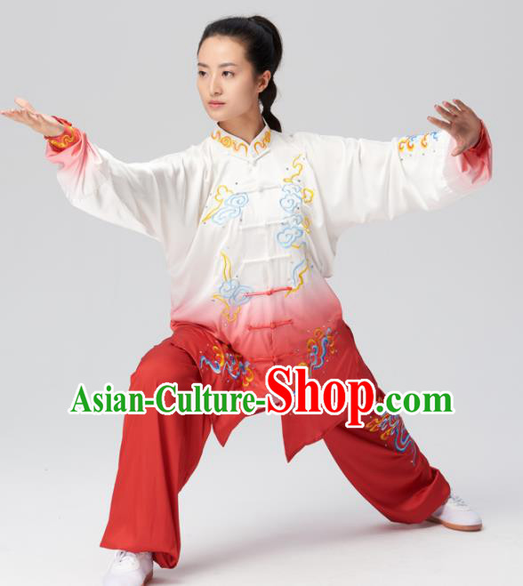 Chinese Traditional Tai Chi Group Embroidered Clouds Red Costume Martial Arts Kung Fu Competition Clothing for Women