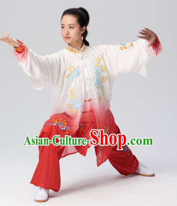 Chinese Traditional Tai Chi Group Embroidered Clouds Red Silk Costume Martial Arts Kung Fu Competition Clothing for Women