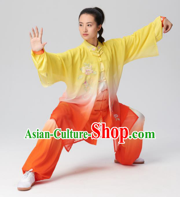 Chinese Traditional Tai Chi Group Embroidered Orange Silk Costume Martial Arts Kung Fu Competition Clothing for Women