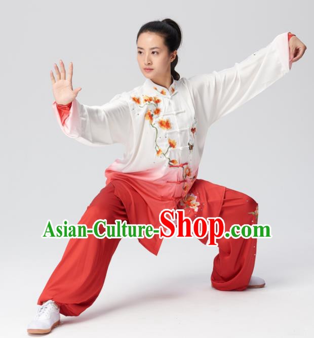 Chinese Traditional Tai Chi Group Embroidered Mangnolia Red Costume Martial Arts Kung Fu Competition Clothing for Women