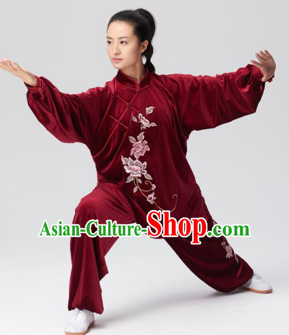 Chinese Traditional Tai Chi Group Wine Red Velvet Costume Martial Arts Kung Fu Competition Clothing for Women