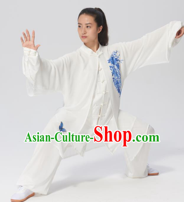 Chinese Traditional Tai Chi Group Printing Peony Silk Costume Martial Arts Kung Fu Competition Clothing for Women