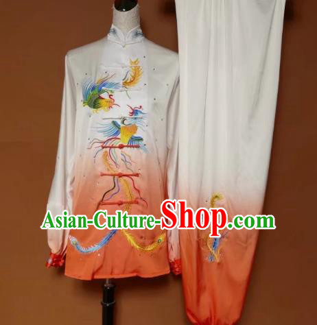 Chinese Traditional Tai Chi Group Embroidered Phoenix Orange Costume Martial Arts Kung Fu Competition Clothing for Women