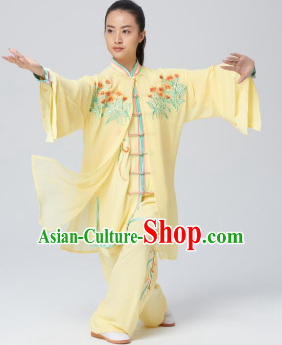 Chinese Traditional Tai Chi Group Yellow Costume Martial Arts Kung Fu Competition Embroidered Clothing for Women