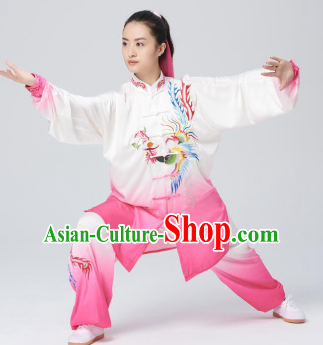 Chinese Traditional Tai Chi Group Rosy Costume Martial Arts Kung Fu Competition Embroidered Phoenix Clothing for Women