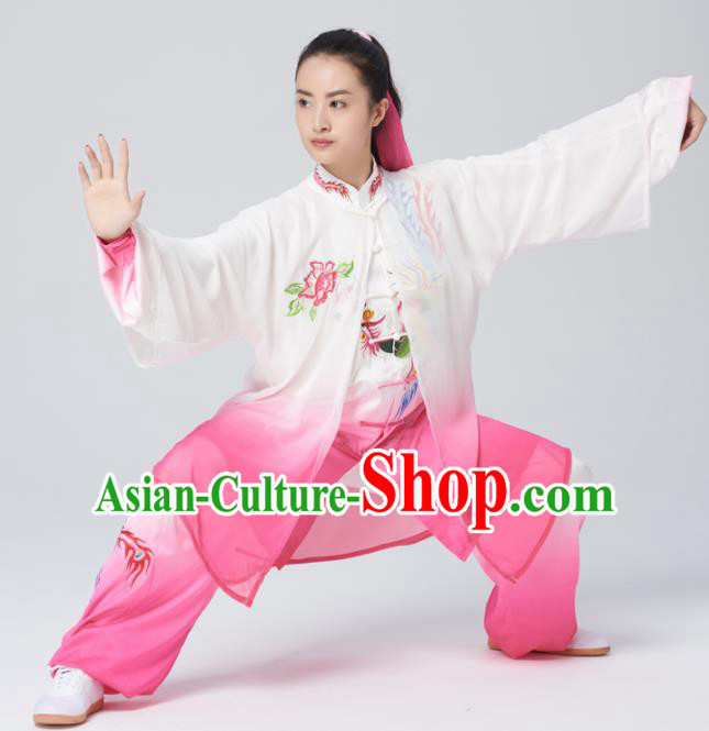 Chinese Traditional Tai Chi Group Rosy Silk Costume Martial Arts Kung Fu Competition Embroidered Phoenix Clothing for Women