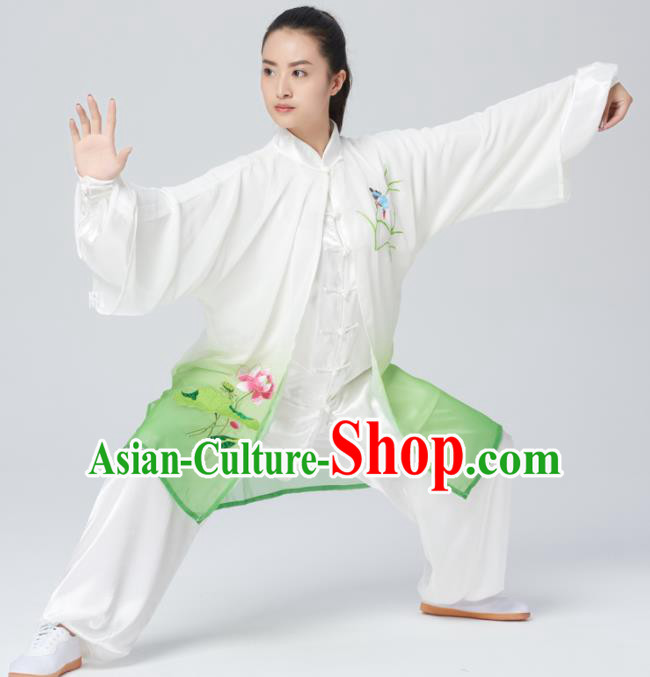 Chinese Traditional Tai Chi Group Green Silk Costume Martial Arts Kung Fu Competition Embroidered Lotus Clothing for Women