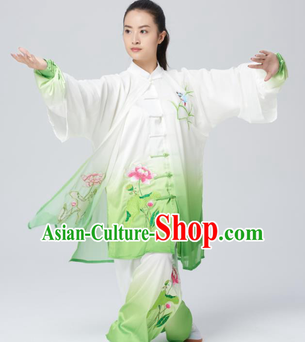 Chinese Traditional Tai Chi Group Embroidered Lotus Costume Martial Arts Kung Fu Competition Green Silk Clothing for Women