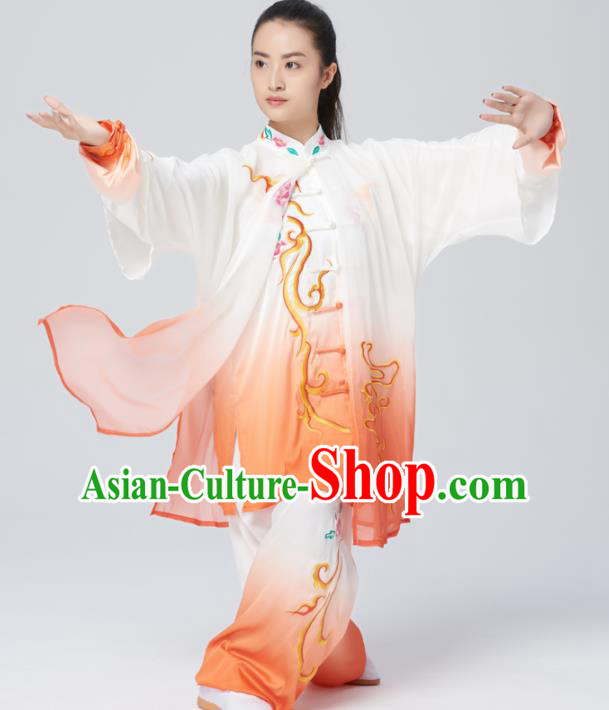 Chinese Traditional Tai Chi Group Embroidered Orange Costume Martial Arts Kung Fu Competition Green Silk Clothing for Women