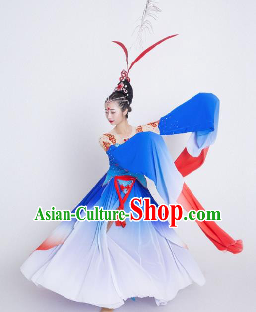 Chinese Traditional Classical Dance Costume Palace Peri Dance Water Sleeve Blue Dress for Women