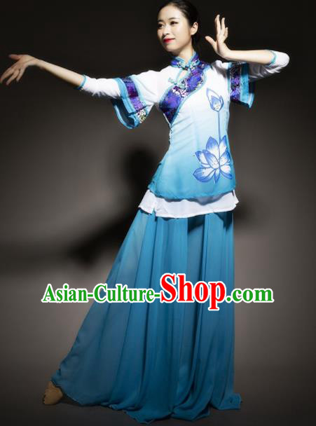 Chinese Traditional Classical Dance Costume Lotus Dance Blue Dress for Women