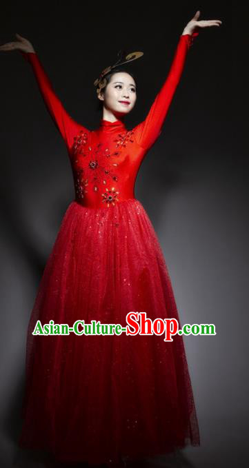 Chinese Traditional National Dance Red Veil Dress Modern Dance Stage Performance Costume for Women