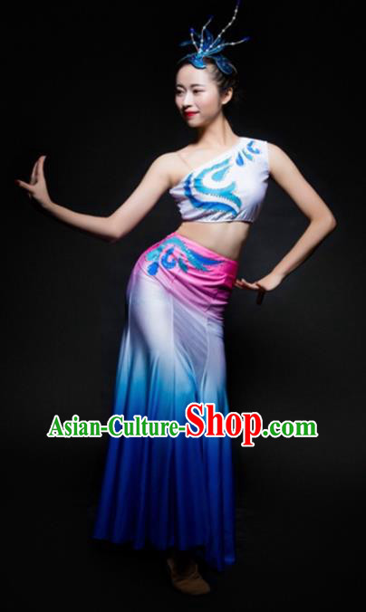 Chinese Traditional Dai Nationality Dance Costume Ethnic Peacock Dance Blue Dress for Women