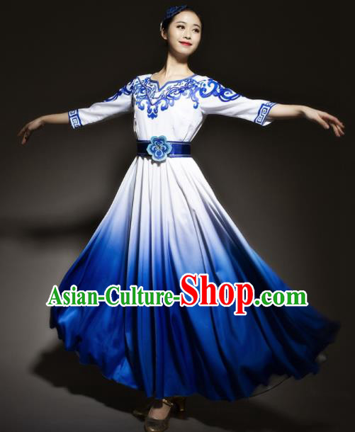 Chinese Traditional Chorus Blue Dress Modern Dance Stage Performance Costume for Women