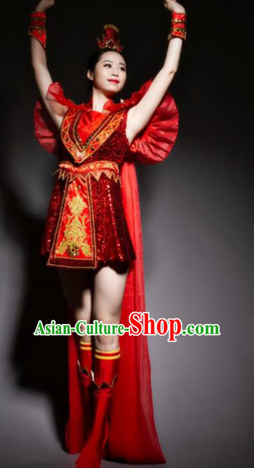 Chinese Traditional National Drum Dance Red Clothing Folk Dance Costume for Women