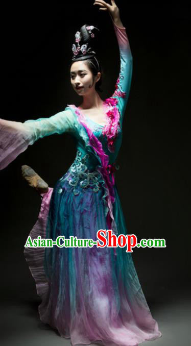 Chinese Traditional Classical Dance Costume Umbrella Dance Blue Dress for Women