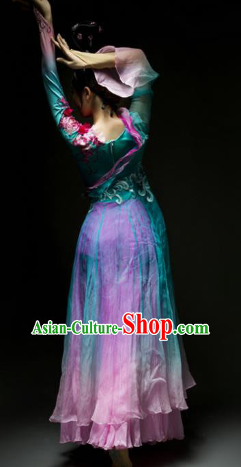 Chinese Traditional Classical Dance Costume Umbrella Dance Blue Dress for Women