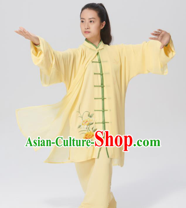 Chinese Traditional Tai Chi Group Embroidered Yellow Silk Costume Martial Arts Kung Fu Competition Clothing for Women