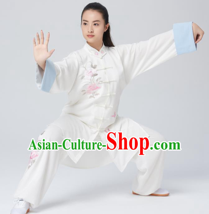 Chinese Traditional Tai Chi Group Embroidered Peony White Costume Martial Arts Kung Fu Competition Clothing for Women