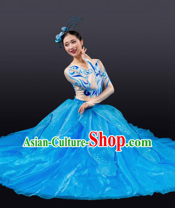 Chinese Traditional Chorus Blue Bubble Dress Modern Dance Stage Performance Costume for Women