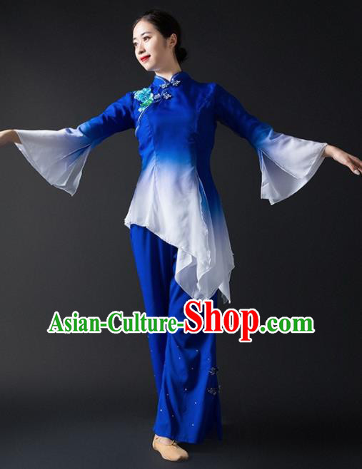 Chinese Traditional National Yangko Dance Blue Clothing Folk Dance Fan Dance Costume for Women